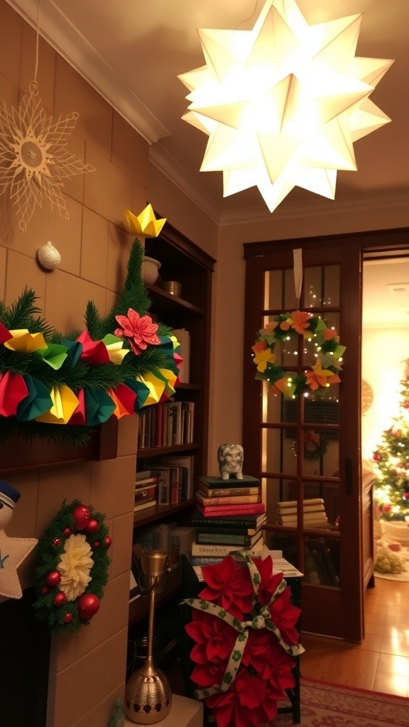 A festive living room with paper Christmas decorations including a garland, origami ornaments, and a wreath.